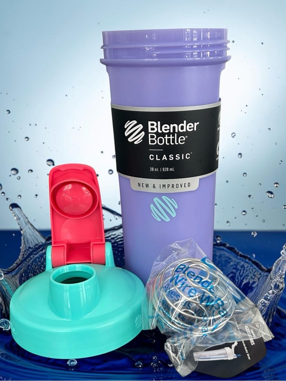 BLENDER BOTTLE Classic Shaker in Lavender with Teal Lid and Coral Flip top NEW